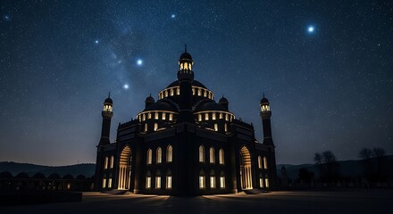 Ancient building with tower and starry night sky in background