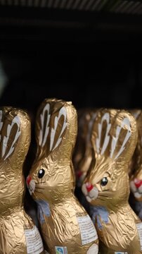 Vertical screen golden foil wrapped chocolate bunnies stand in rows creating a shiny festive Easter display filled with bright colors playful seasonal spirit and classic holiday charm