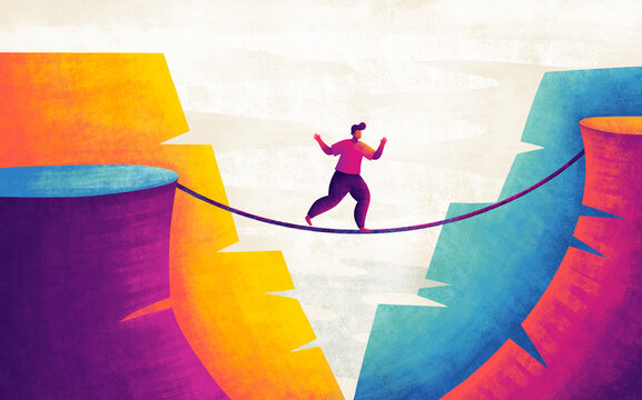 Person walking on tightrope between two cliffs in bright colors