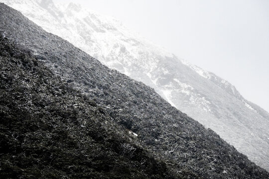 Black and white snowy mountain layers