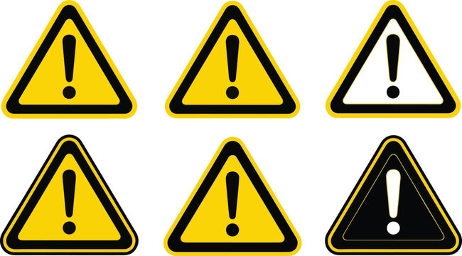 Danger warning sign icon collection featuring triangular exclamation mark symbols isolated on white background. Safety alert vector set eps