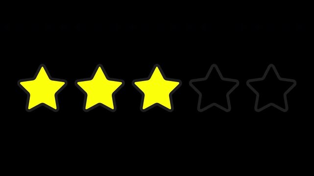 2D Animation of Three Stars Rating for Average Customer Feedback, Transparent Background. Flat Line Art 3 Stars Animation with Yellow Fill