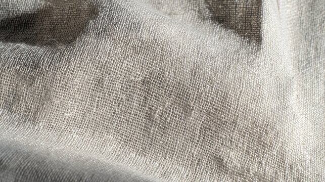 White linen fabric macro, crisp texture, visible slubs and irregularities in the weave, backlit by sun