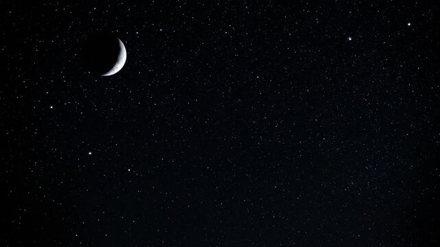 Time lapse sequence of a crescent moon moving across the starry night sky. Beautiful celestial background of the lunar cycle in the vast cosmos for a serene and peaceful concept