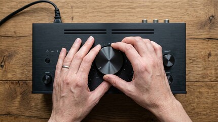 Hands adjusting the volume knob on a sleek black stereo amplifier on a rustic wooden surface at home