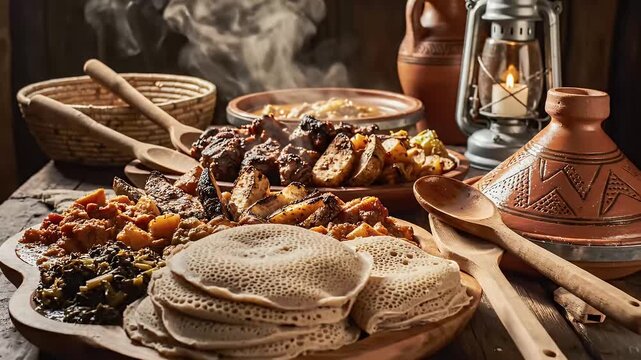 Traditional food platter with various dishes and ceramic cookware