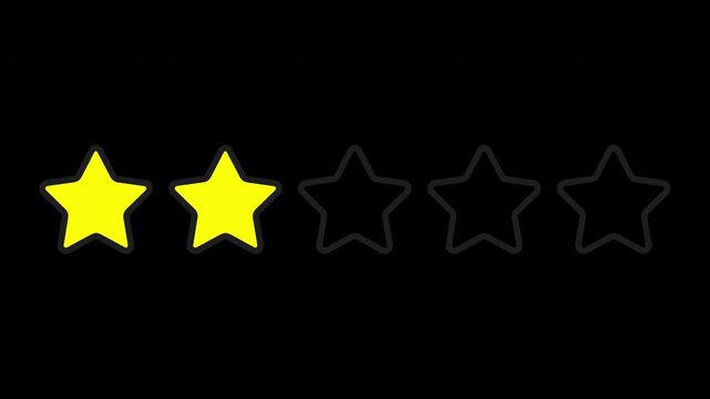 2D Animation of Two Stars Rating for Poor Customer Feedback, Transparent Background. Flat Line Art 2 Stars Animation with Yellow Fill
