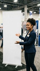 Confident young professional presents at conference, gesturing towards blank banner, smiling in convention center