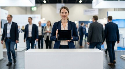 Confident woman presents tablet at trade show booth, surrounded by attendees in a bustling exhibition hall