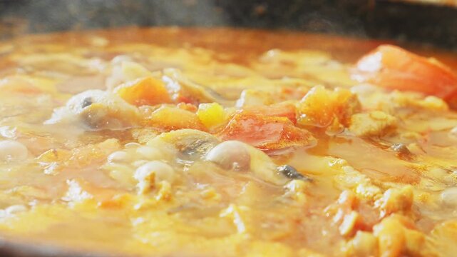 Vegetables with chicken and udon are simmering in a deep cast-iron skillet