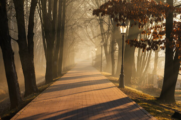 Mglisty poranek w parku w Goczałkowicach w promieniach wschodzącego słońca © Elżbieta Kaps