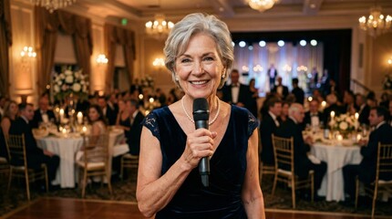 Elegant woman giving speech at formal gala event, smiling and holding microphone in banquet hall