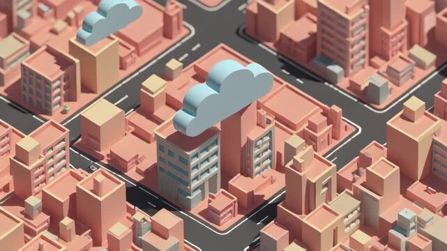 Isometric pixelated city buildings with a blue cloud over office