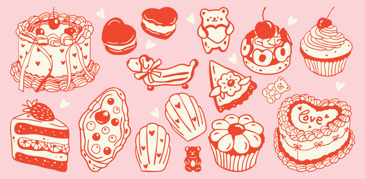 Set of cute sweet desserts in hand drawn style. Food collection - cakes, macarons, cookies, cupcakes, croissant with berries, jelly candies, pastries. Bakery sweets illustration for bakery menus