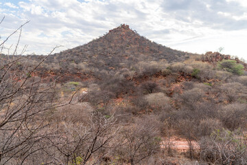 Waterberg Plateau in Namibia, a striking red sandstone mountain rising above the surrounding savanna landscape. Known for its dramatic cliffs, rich biodiversity, and scenic views, this natural landmar