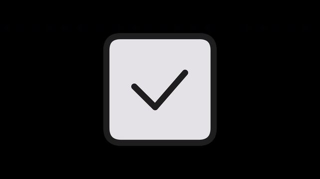 2D Animation of Success Check Mark in Rectangle, Transparent Background. Flat Line Art Verified Icon Animation with White Fill and Black Outline
