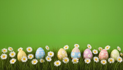 Green background with grass, daisy flowers and Easter eggs

