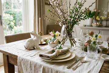 Easter. Elegant dining table set for spring celebration with floral arrangements, decorative bunny, and pastel-colored eggs, creating a festive atmosphere in a cozy interior setting