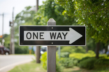 Fototapeta premium One way street sign on wooden post with green trees and road in background one way sign