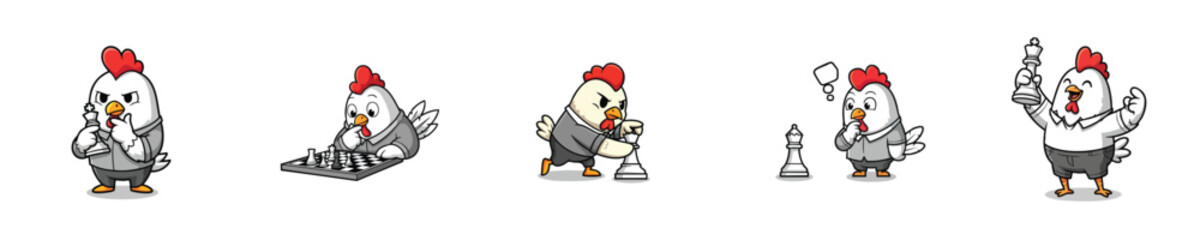 Cute Chicken Chess Player Mascot Cartoon Strategy Vector Character Collection © NineteenVisualStudio