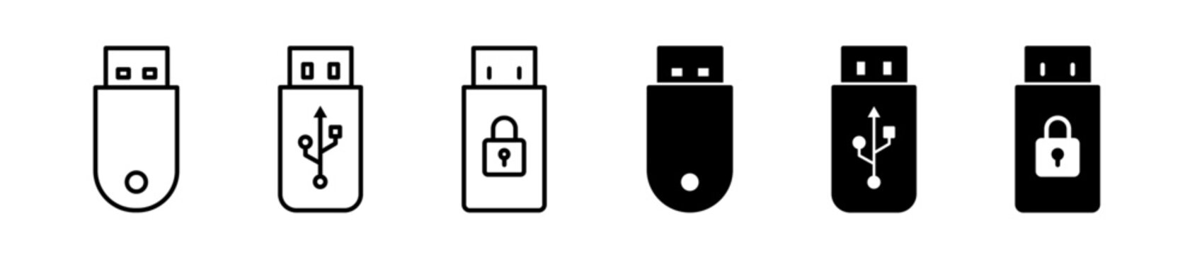 Usb icon set. Flash disk, memory stick symbol. Vector illustration. Editable stroke. 