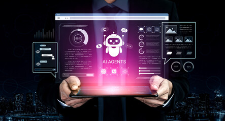 Naklejka premium AI agents orchestrate tasks across chat data, calls, and content. AI agents boost productivity with automation, and AI agents improve voice service quality with faster NLP cloud responses. Corpus