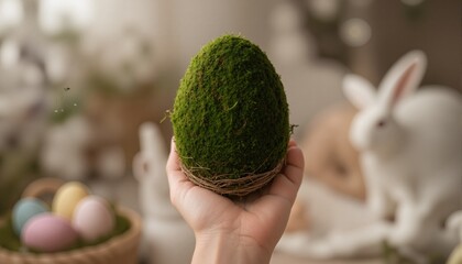 Handmade green mossy Easter egg in woman's hand.
