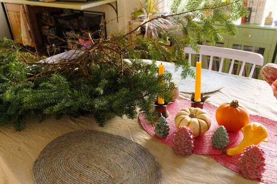 Evergreens and table decorations for Fall and Winter