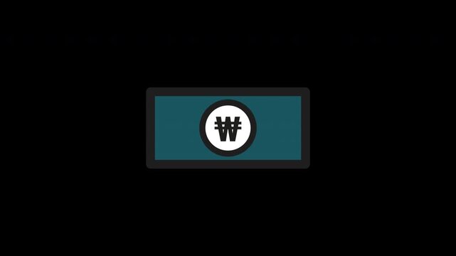 Flat animated banknote icon featuring Korean Won currency symbol. Minimal outline style with teal fill. Isolated on transparent background with alpha channel. Ideal for finance, banking, and payment.