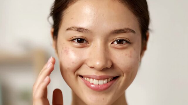 Young asian woman showing skin transformation from problematic acne to clear skin. Skincare and dermatology concept illustrating the positive results of a beauty treatment