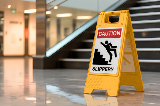 Yellow caution slippery sign on tiled floor by staircase yellow caution sign slippery floor sign