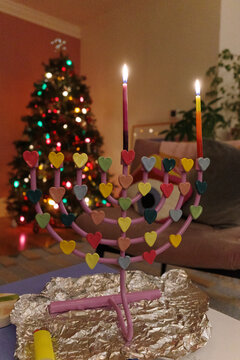 Lit menorah for the first night of hannukah