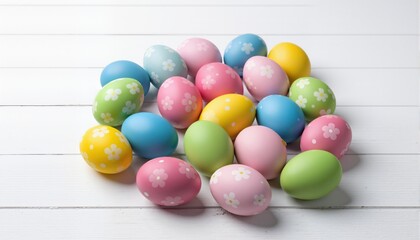  colored easter eggs and  on white wooden background
