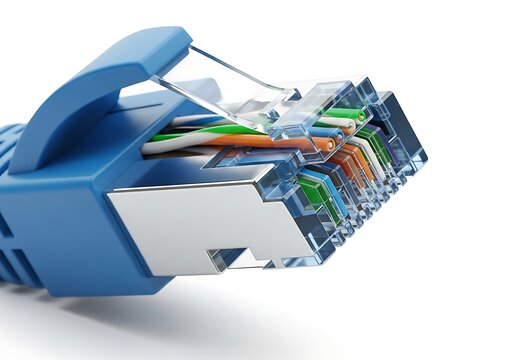 A close-up of a blue ethernet cable connector