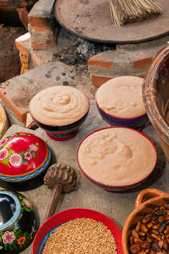 Three bowls of cacao beverage in Tlaxcala Mexico