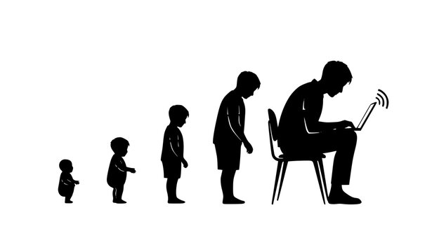 Silhouette progression from infancy to adult showing technology dependency