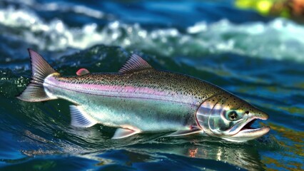 Fototapeta premium Rainbow trout jumping in river current near water surface.