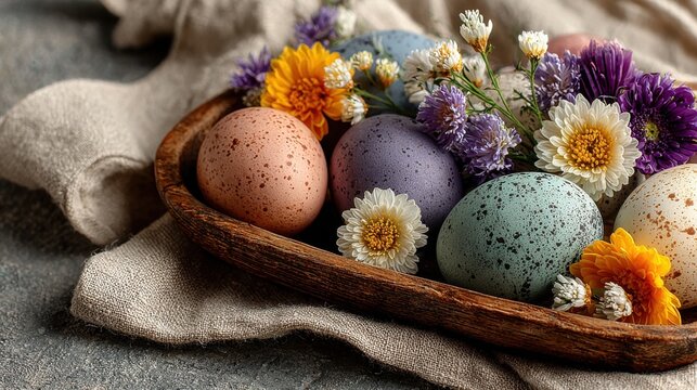 Colorful Easter Eggs Pisanki on Plate Close Up Holiday Background. Colorful decorated Easter eggs lying on a plate in close up view. Traditional pisanki patterns, spring holiday concept, festive decor