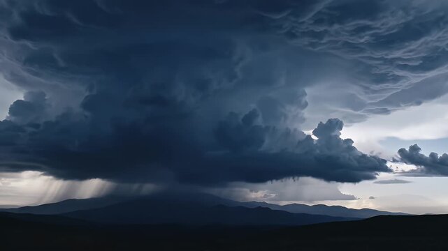 Dramatic cloudscape with rain over dark mountains; lightning streaks visible