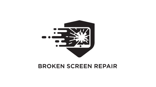 A black and white logo for broken screen repair service, featuring a shield with a cracked phone screen, symbolizing protection and repair. Ideal for tech support and mobile device repair advertising.