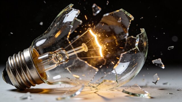 Shattered light bulb with glowing filament, exploding glass shards on dark background, concept of failed idea or creative breakthrough