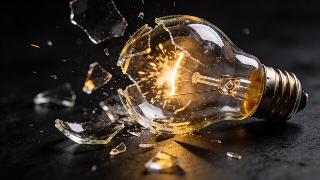 Shattered light bulb with glowing filament on black background, broken glass shards exploding from lightbulb, concept of failed idea or creative crisis