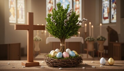 Wooden cross and easter palm tree made of catkins and boxwood, palm sunday concept 
