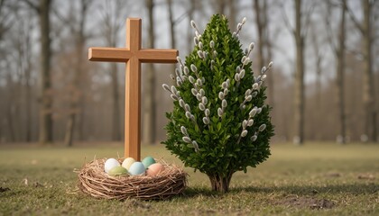 Wooden cross and easter palm tree made of catkins and boxwood, palm sunday concept 

