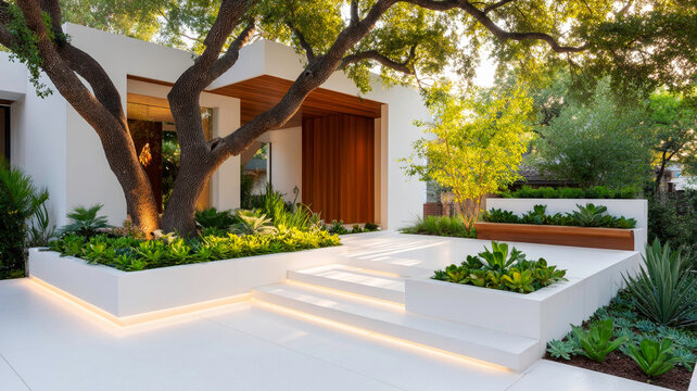 Modern Architectural Exterior with Polished Concrete Cool LED Strip Lighting and Raised Beds