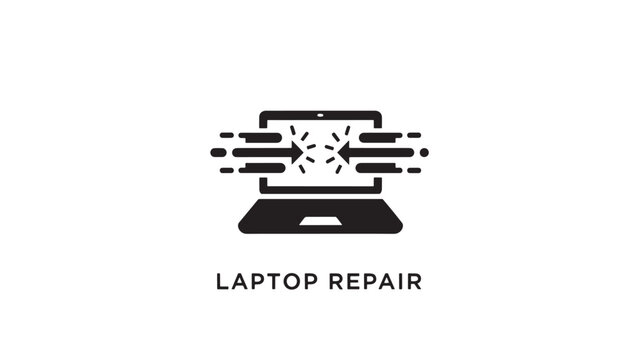 A simple black and white icon depicting a laptop with a broken screen and lines radiating from it, representing laptop repair and technology support services.