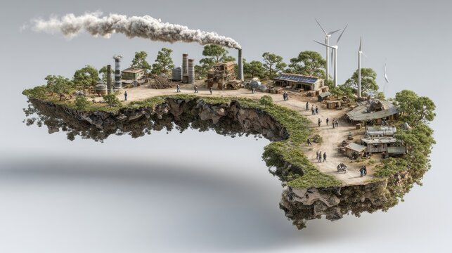 Floating island with trees and factory, UN Sustainable Development Goals concept. Photo series of concepts representing the 17 United Nations Sustainable Development Goals (SDGs).