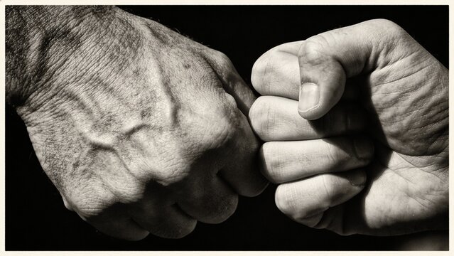 Dramatic fist bump between young and old hands, monochrome generational connection, textured skin and knuckles in close-up