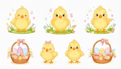 Vector set for easter celebration. Cute little chickens. Vector baby illustration. Chicks on a white background. Vector illustration

