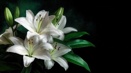 Fototapeta premium Elegant white lilies, vibrant green leaves, unopened buds, softly lit against deep black, dramatic contrast, delicate petal textures.